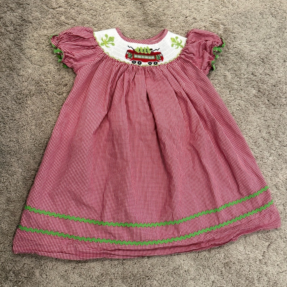 Red and White Kids Dress with Christmas Truck Design